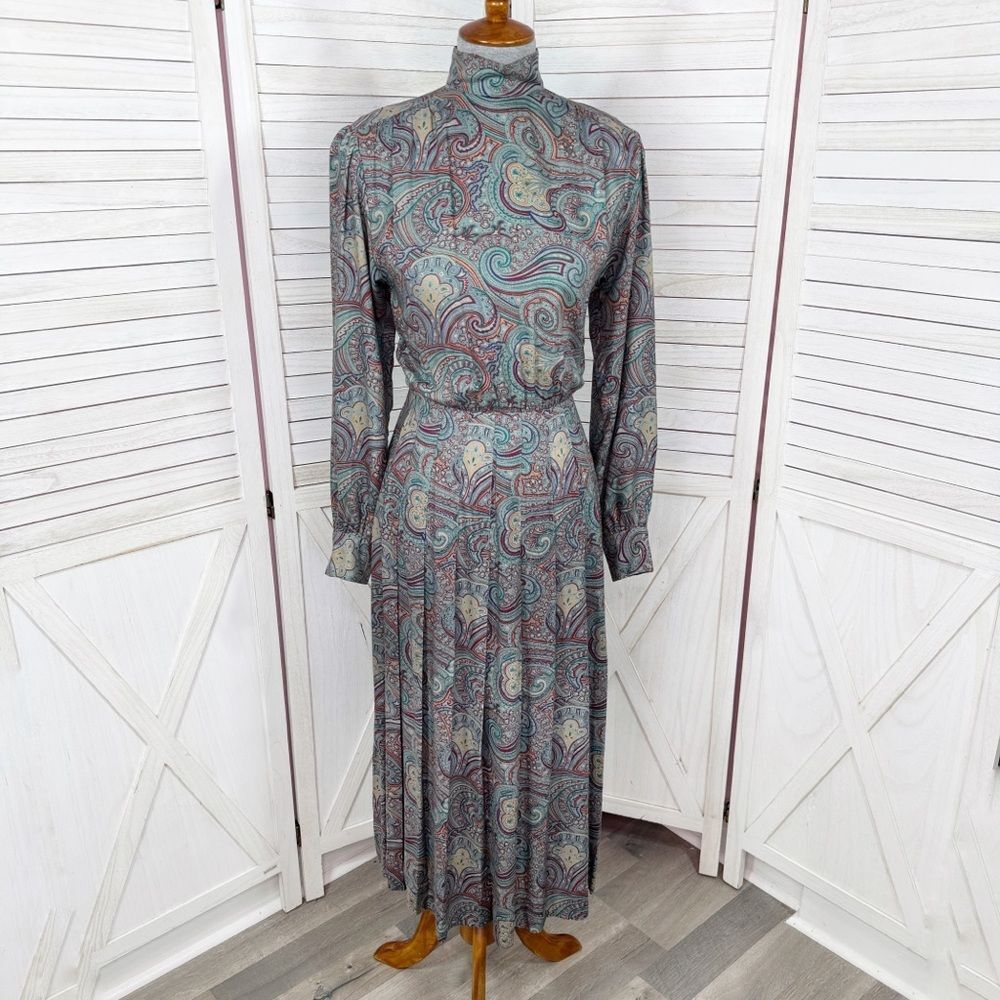 Vntg J.G. Hook Paisley Pleated Mock Neck Maxi Dress Green Multi Size 4 Heritage